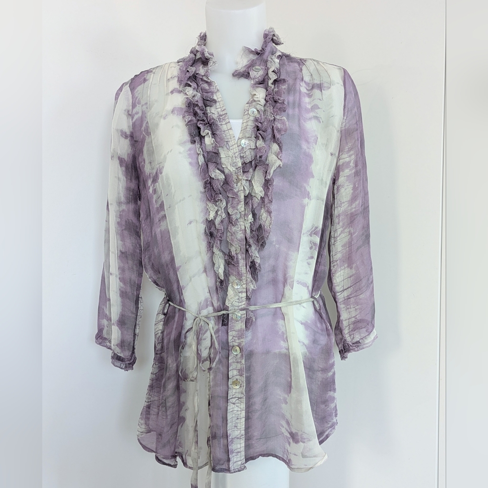 DA-NANG Silk Long Sleeve Tie Dye Blouse with Ruffle Front, Purple/Light Grey;SzM - Picture 3 of 10